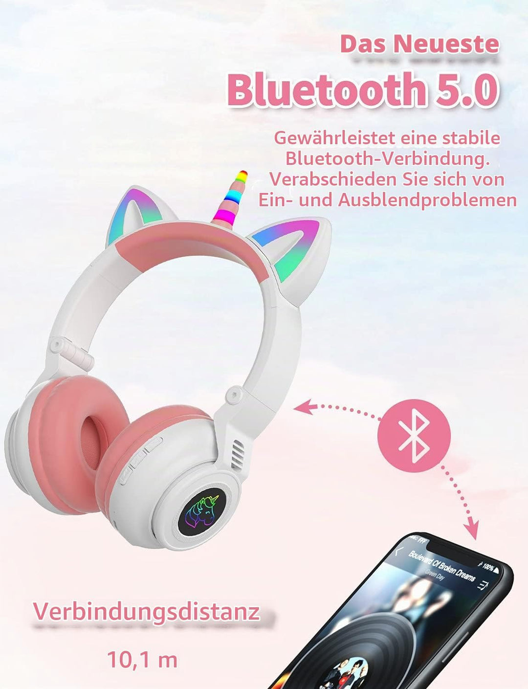 Einhorn Kopfhörer Bluetooth, Kabellos Over-Ear Mädchen Headset mit LED-Beleuchtung, Stereo Sound, Mi