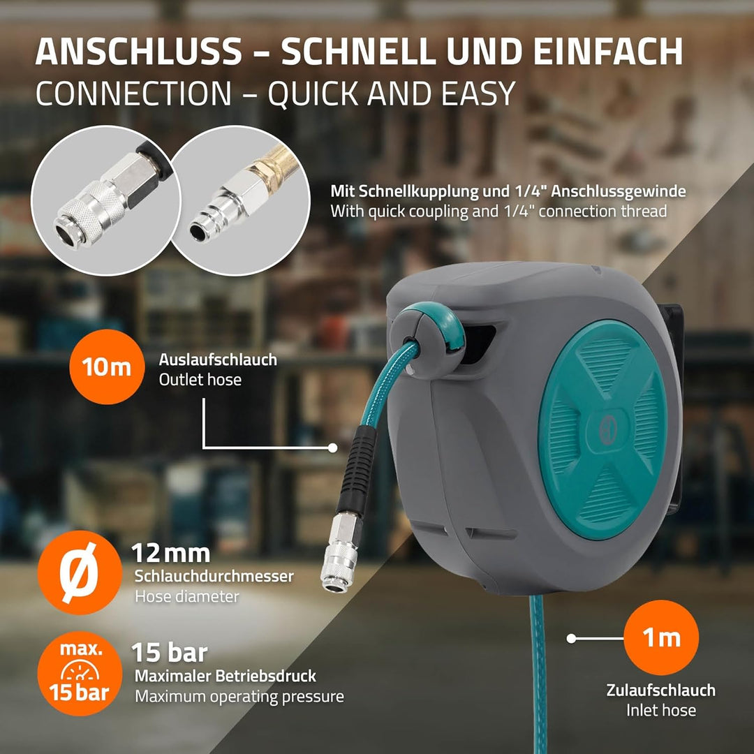 ECD Germany Druckluftschlauchtrommel 10m+1m, Automatischer Aufroller mit Arretierfunktion, 1/4" Ansc