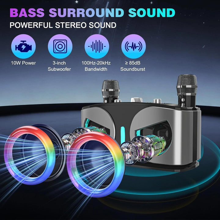 【26 Neu】 Tragbarer Karaoke Maschine, Karaoke mit 5.3 Bluetooth Lautsprecher und 2 kabellosen Mikrofo