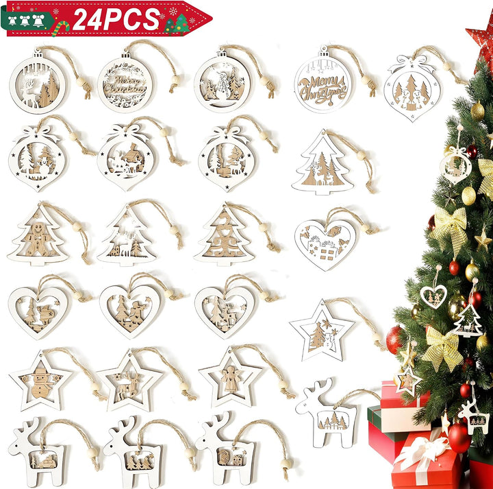 24 Stück Baumschmuck Weihnachten aus Holz，Weihnachtsdeko Zuhause – Weihnachtsanhänger &amp; Christbaumsc