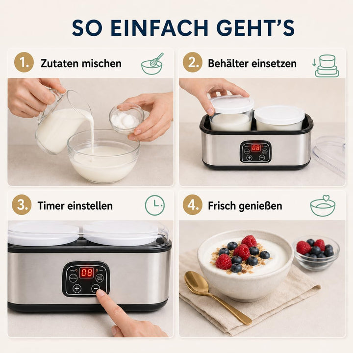 Joghurtbereiter, 2 Glasbehälter mit Deckel, Je 60 Unzen, zwei goldfarbene Löffel, Ideal für Zubereit