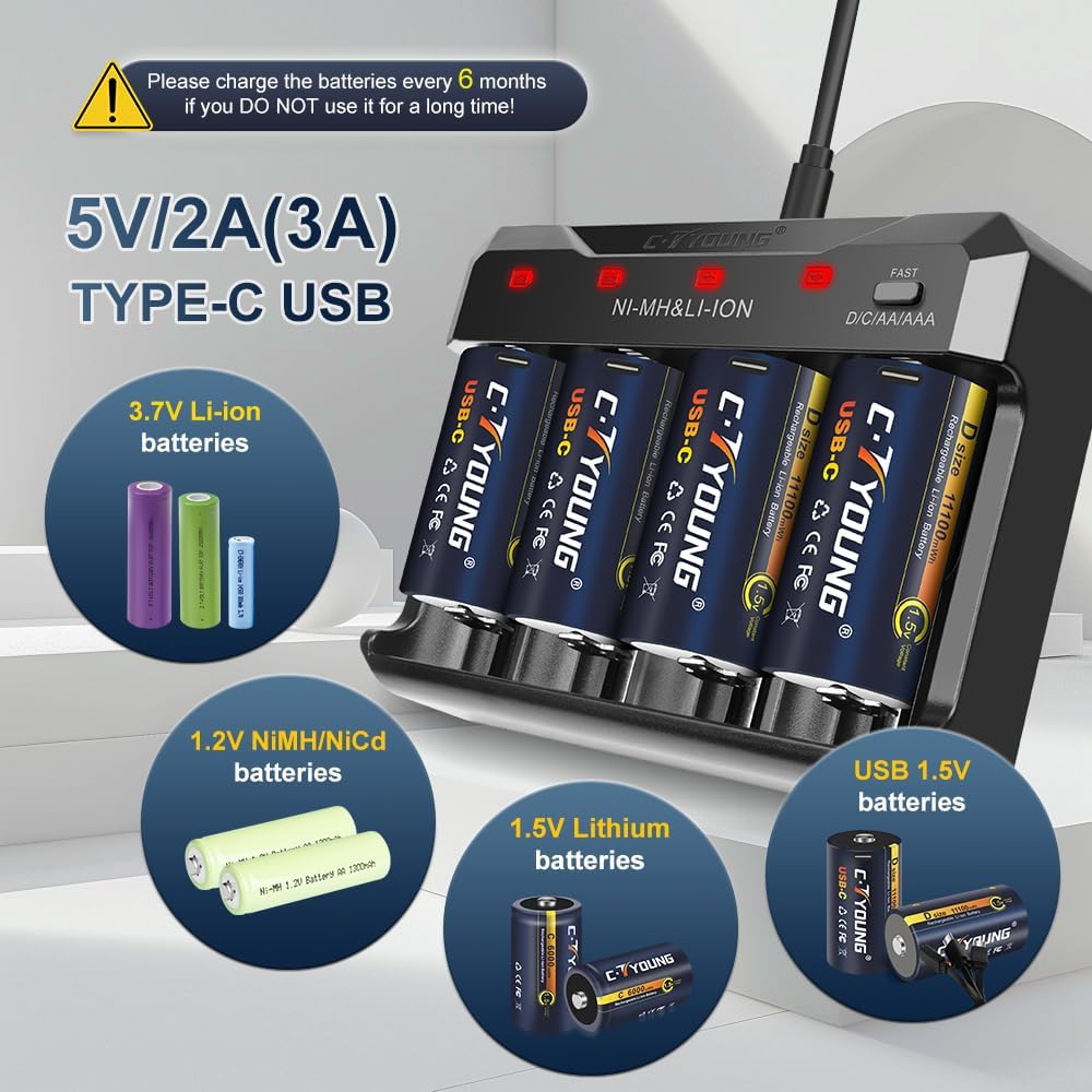 Wiederaufladbare D Batterien mit USB Typ-C Universalladegerät, 4er-Pack 1,5V Lithium D-Zelle 11000mW