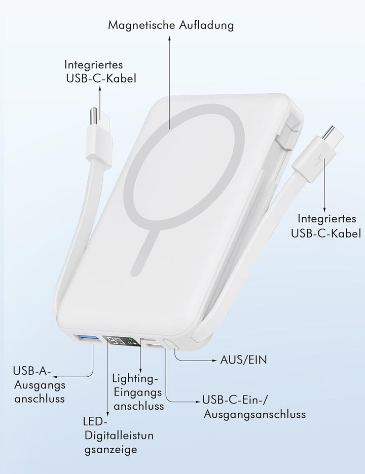 Podoru for Magsafe Powerbank, 10000mAh Magnetische Wireless Power Bank mit USB-C Kabel PD 20W Schnel