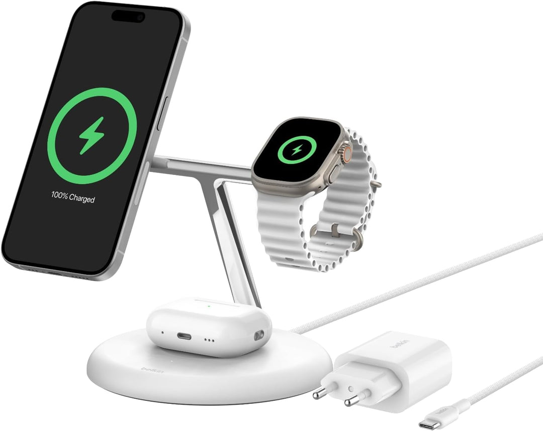 Belkin BoostCharge Pro Kabellose 3-in-1-Ladestation mit Qi2, 15W, MagSafe Kompatibel, Ladegerät Indu