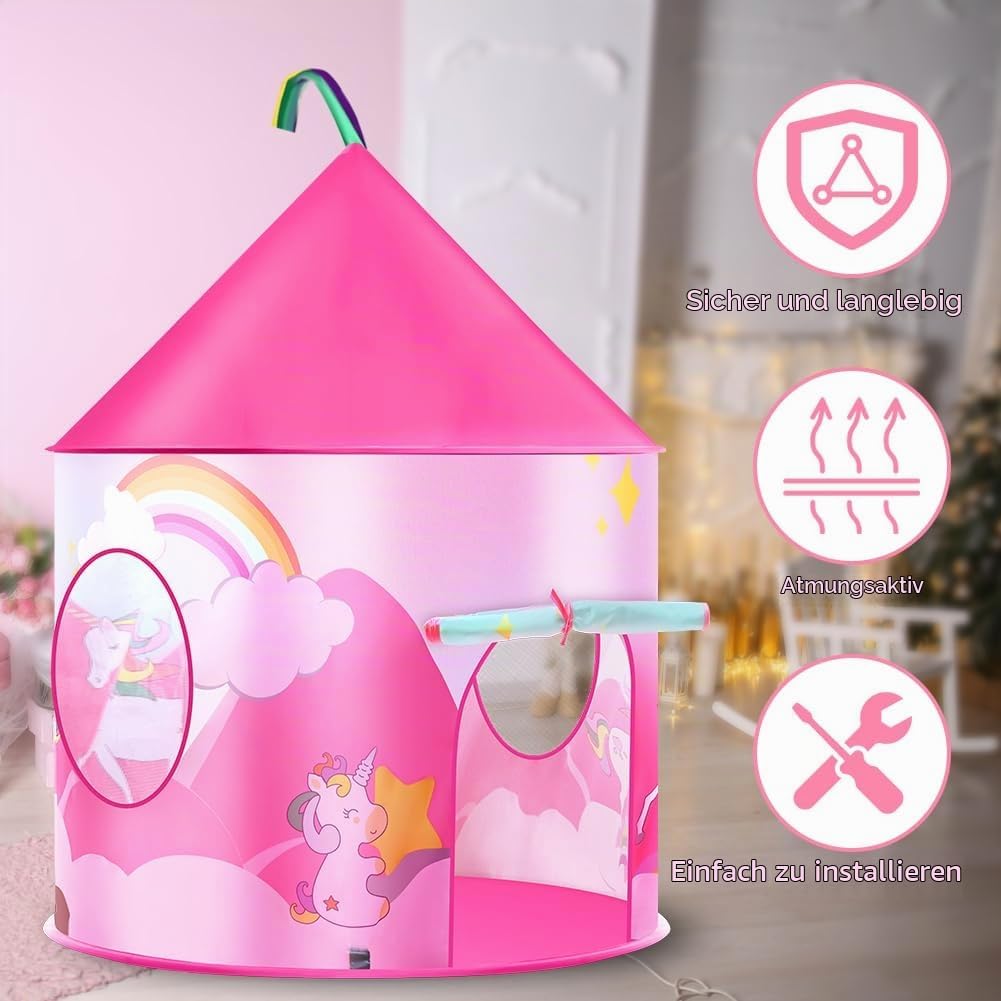 HOTUT Kinder Spielzelt, Prinzessin Zelt Rosa, Kinderzelt Indoor Outdoor mit lichtern und Aufkleber,