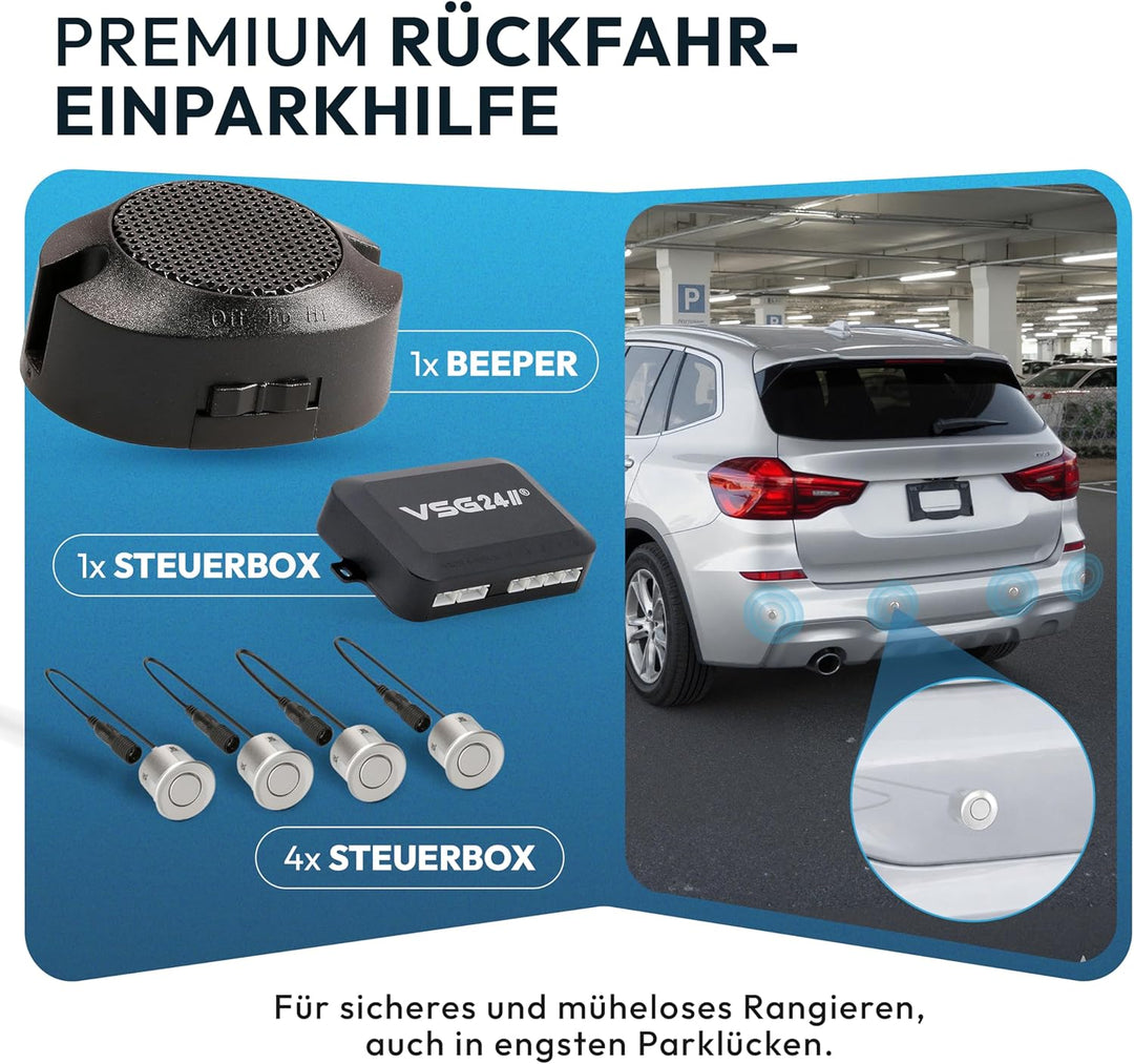 VSG24 Einparkhilfe Set hinten mit 4 Sensoren in Silber – robuste PDC Parkhilfe für Auto, SUV & Trans