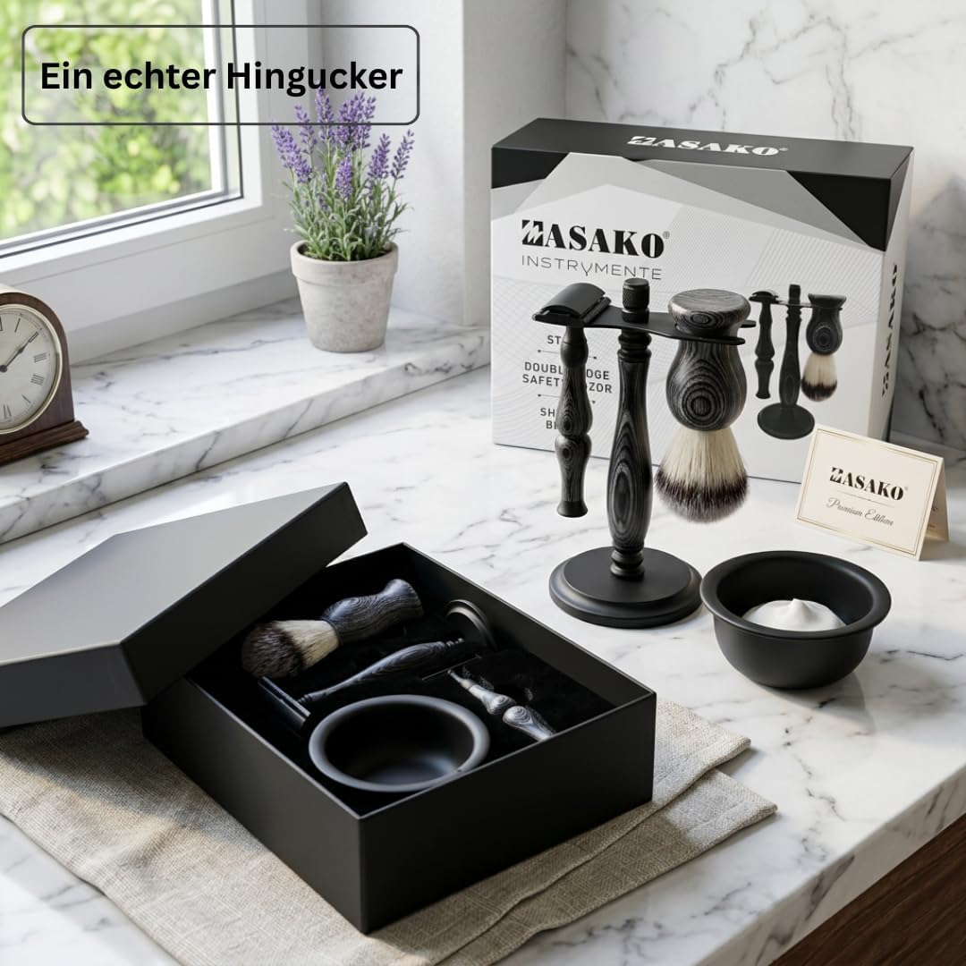 MASAKO Rasierhobel Set Herren aus Echtholz – Premium Nassrasierer mit Rasierpinsel, Schale, Ständer