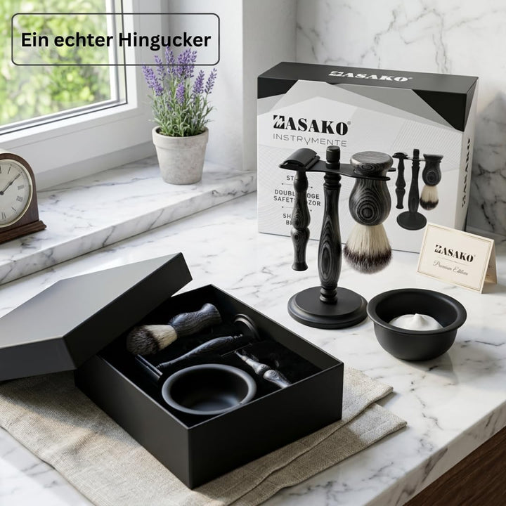 MASAKO Rasierhobel Set Herren aus Echtholz – Premium Nassrasierer mit Rasierpinsel, Schale, Ständer