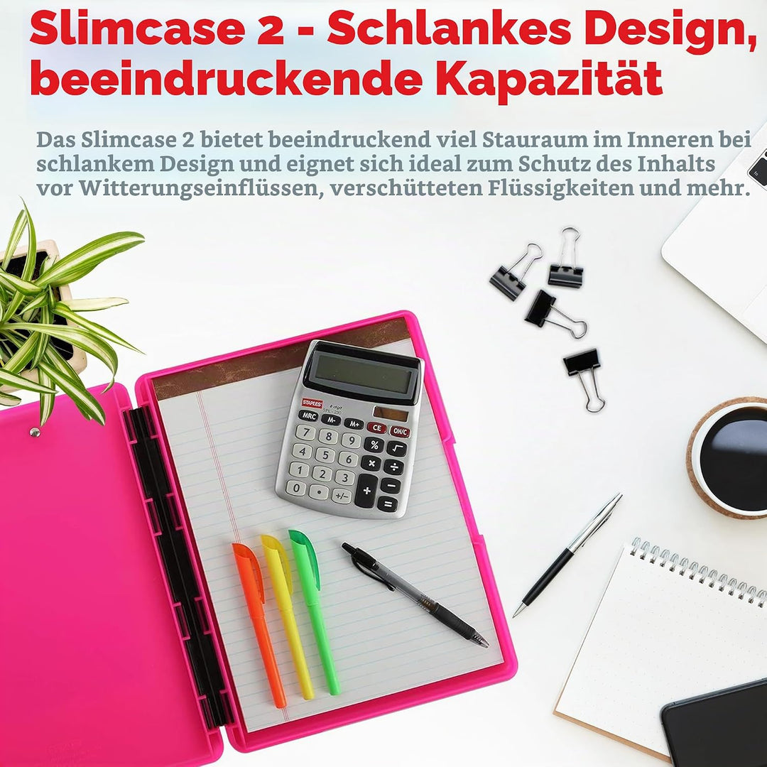 Dexas Slimcase 2, Kunststoff-Klemmbrett mit Aufbewahrung und seitlicher Öffnung, Neonrosa, Bürobedar