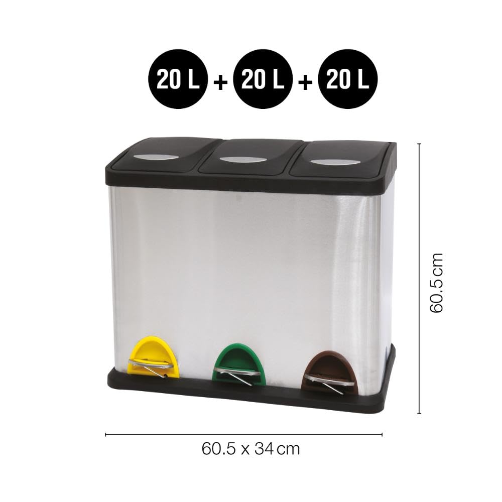 MSV Mülleimer Mülltrennsystem 60 L (3x20 Liter) mit Inneneimer grosse Abfallbehälter Abfalleimer Tre