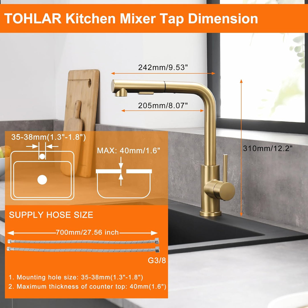 Tohlar Wasserhahn Küche Gold, Goldener Küchenamatur Ausziehbar mit Magnet Brause Zwei Strahlarten, H