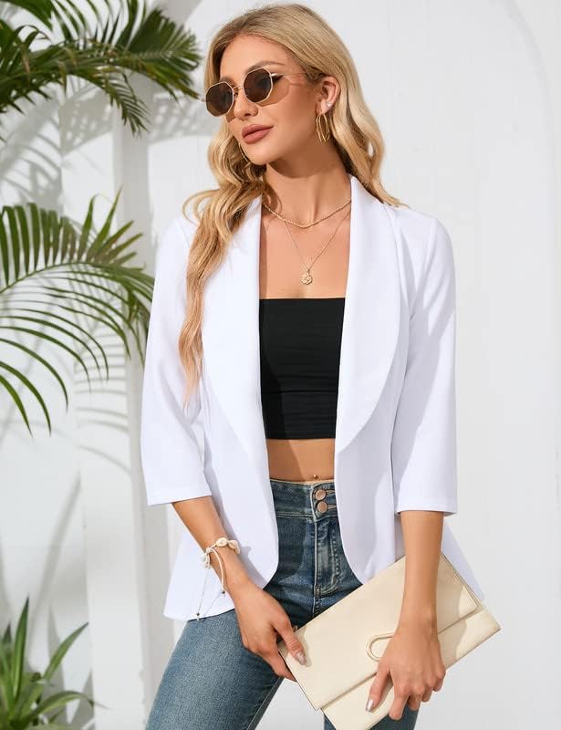 Business Jersey Blazer Damen Elegant Sportlich Taillierter Blazer 3/4 Ärmel Damen Gehrock, M Wei&#xD