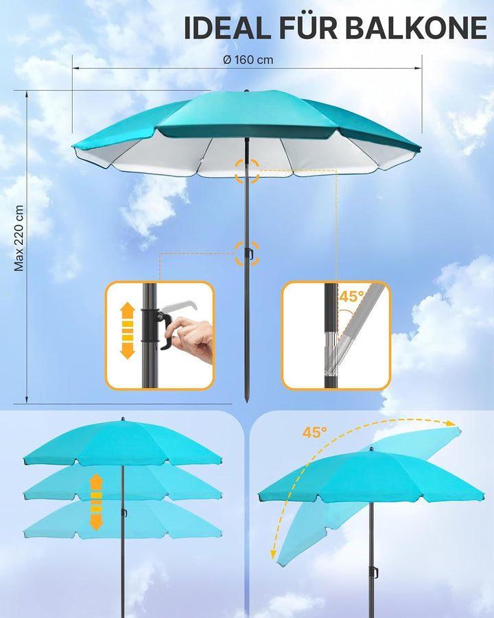 4smile Sonnenschirm Strand SunnyJoy, Türkis - UPF 50+ Strandschirm Ø 200 cm, sicherer Sonnenschutz S