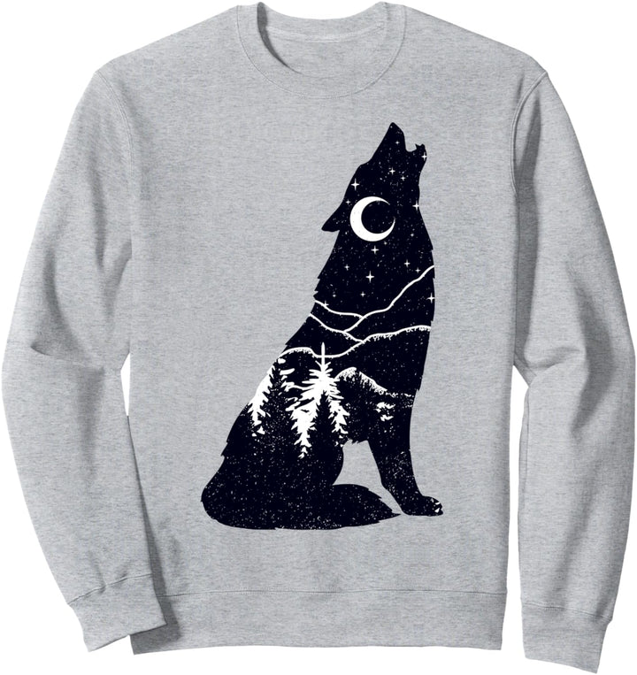 Trendy Midnight Forest Howling Wolf Silhouette Fill Sweatshirt
