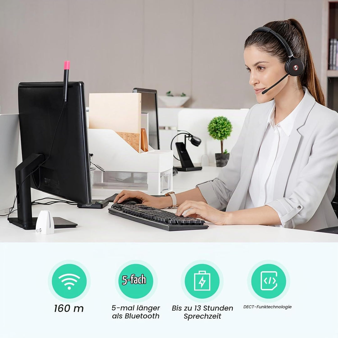 Yealink WH62 Schnurloses DECT-Headset Teams Zertifiziert, EIN-Ohr-Büro-Headset für Tischtelefon und