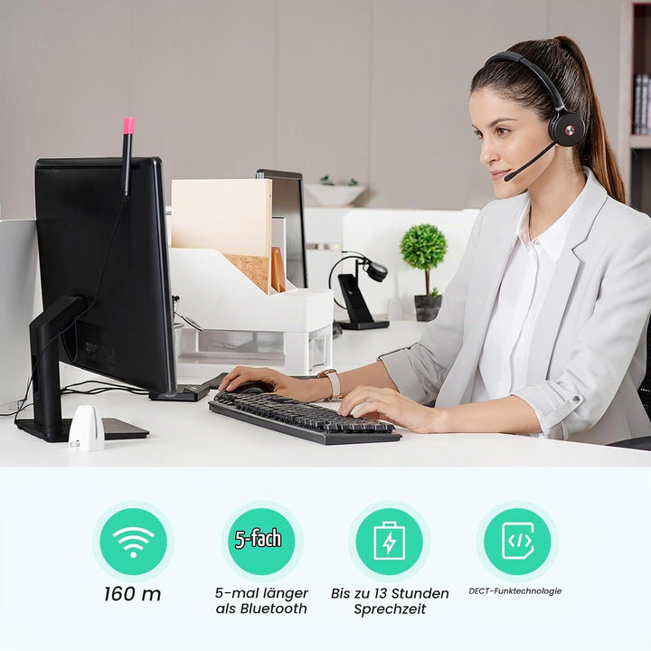 Yealink WH62 Schnurloses DECT-Headset Teams Zertifiziert, EIN-Ohr-Büro-Headset für Tischtelefon und