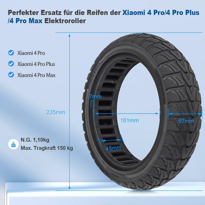 10x2,5-7 Vollgummireifen 10 Zoll Solide Reifen für Xiaomi 4 Pro/Pro Plus/Pro Max Elektroroller Vorne