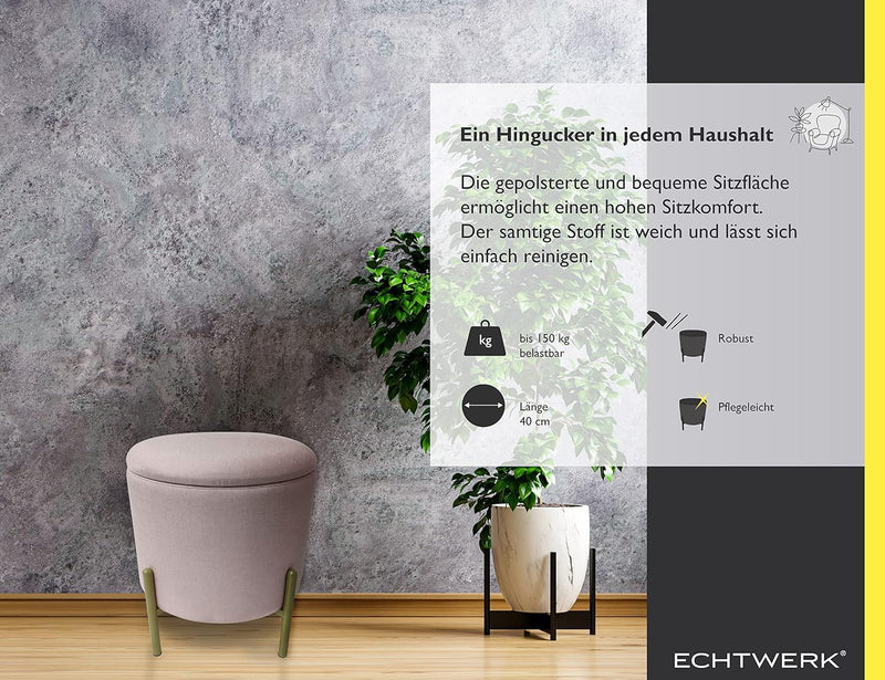 ECHTWERK Sitzhocker Logan, mit Stauraum, Abnehmbarer Deckel, Aufbewahrungstruhe rund, mit Holzfüssen
