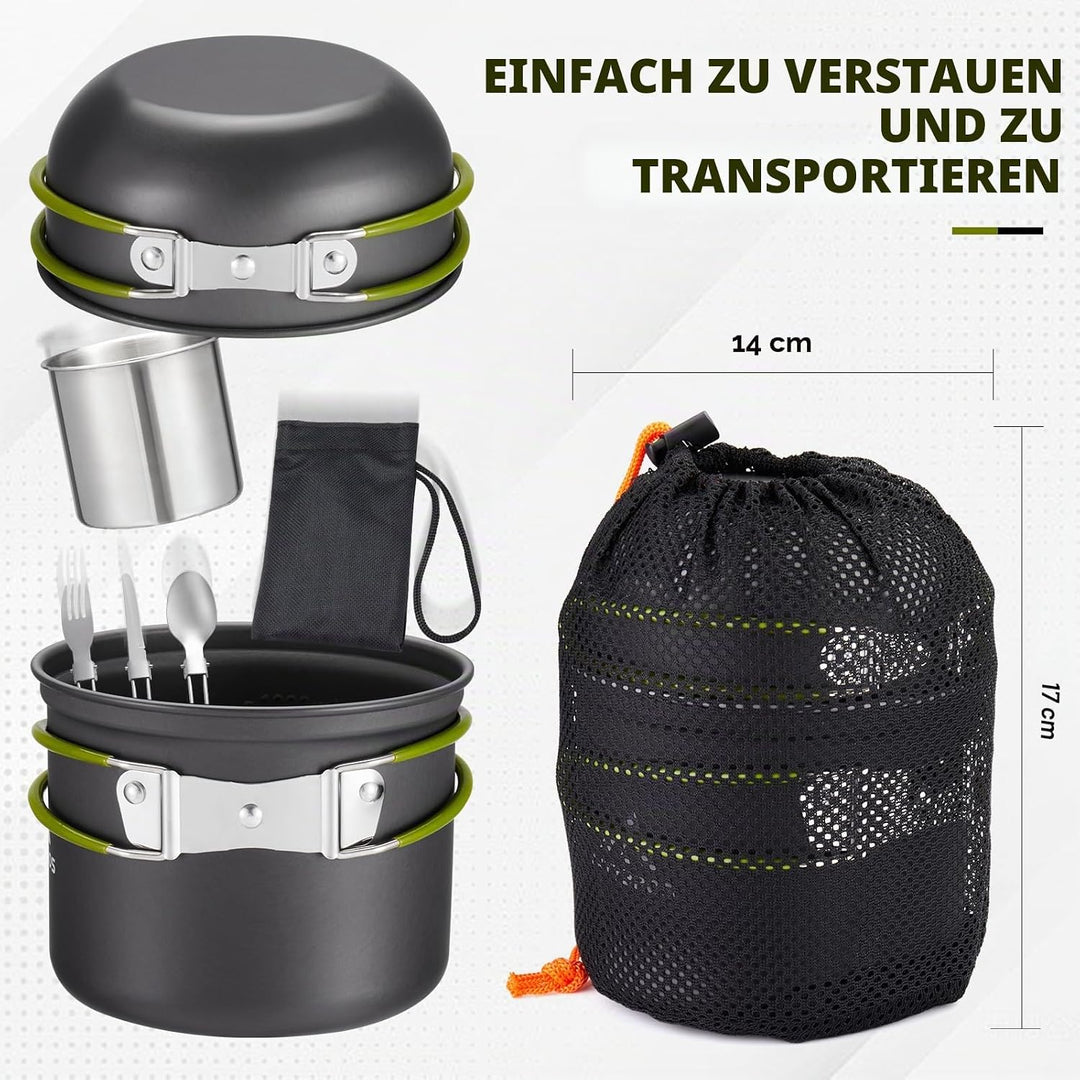Outdoor Kochgeschirr Set Camping – 1,25L Topf & 0,65L Pfanne mit 0,3L Edelstahlbecher – Leichtes, Ro