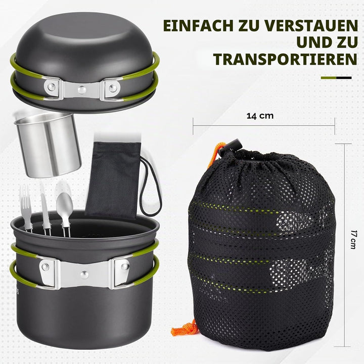 Outdoor Kochgeschirr Set Camping – 1,25L Topf & 0,65L Pfanne mit 0,3L Edelstahlbecher – Leichtes, Ro