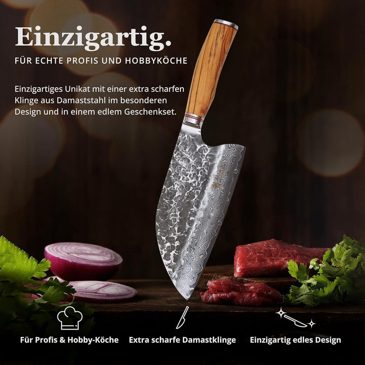 Wakoli Olive HS Serie Damast Chinesisches Kochmesser 20 cm extrem scharfe Klinge aus 67 Lagen I Prof