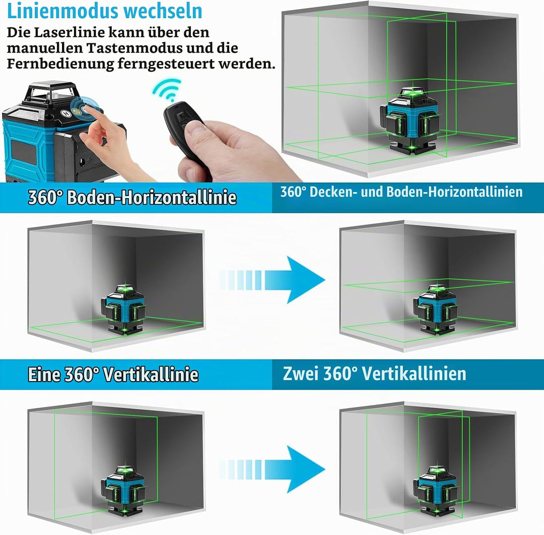 Kreuzlinienlaser mit Stativ 1,2M, 360° x 4 Laser Wasserwaage Rotation, Grünen Laserlinien, Kreuzlase