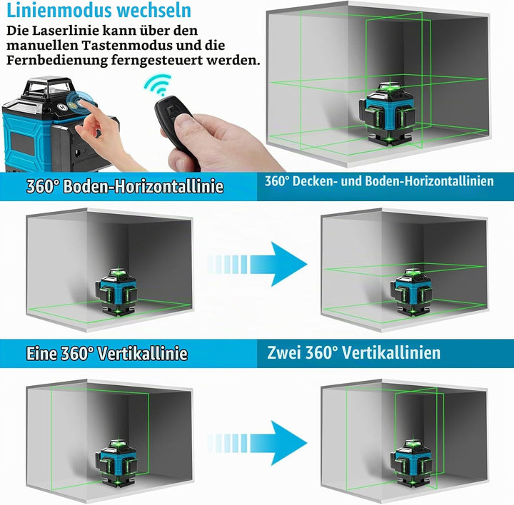 Kreuzlinienlaser mit Stativ 1,2M, 360° x 4 Laser Wasserwaage Rotation, Grünen Laserlinien, Kreuzlase