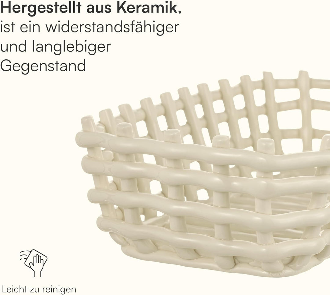 Baroni Home Mehrzweckkorb aus Keramik, Obstkorb, Tischdeko, Taschenleerer, rechteckig, weiss, 25 x 1
