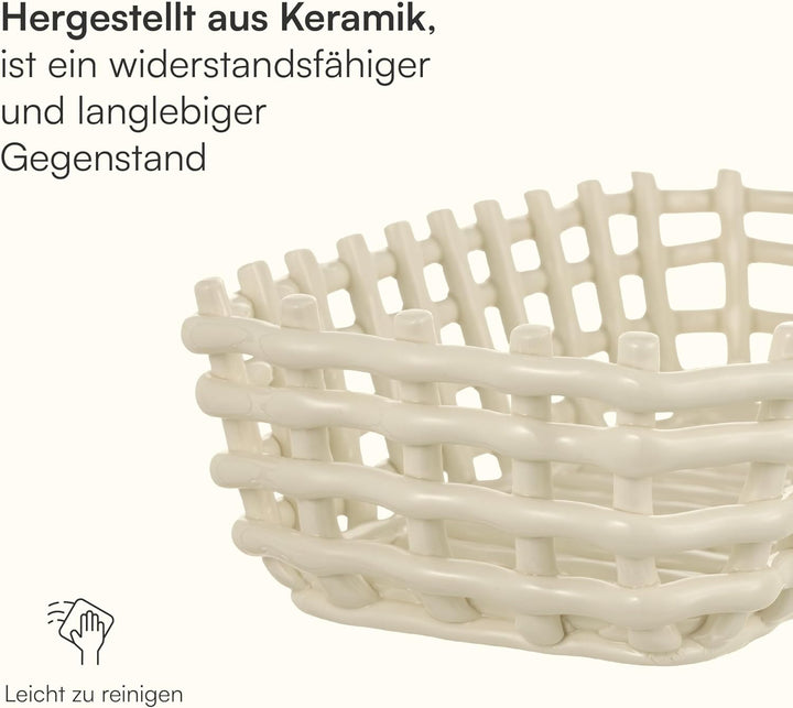 Baroni Home Mehrzweckkorb aus Keramik, Obstkorb, Tischdeko, Taschenleerer, rechteckig, weiss, 25 x 1