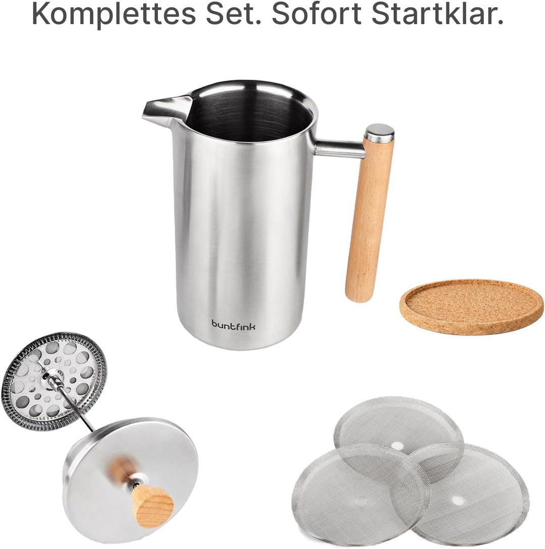 Buntfink French Press Thermo 1 Liter aus Edelstahl und Holz | Kaffeebereiter doppelwandig isoliert |