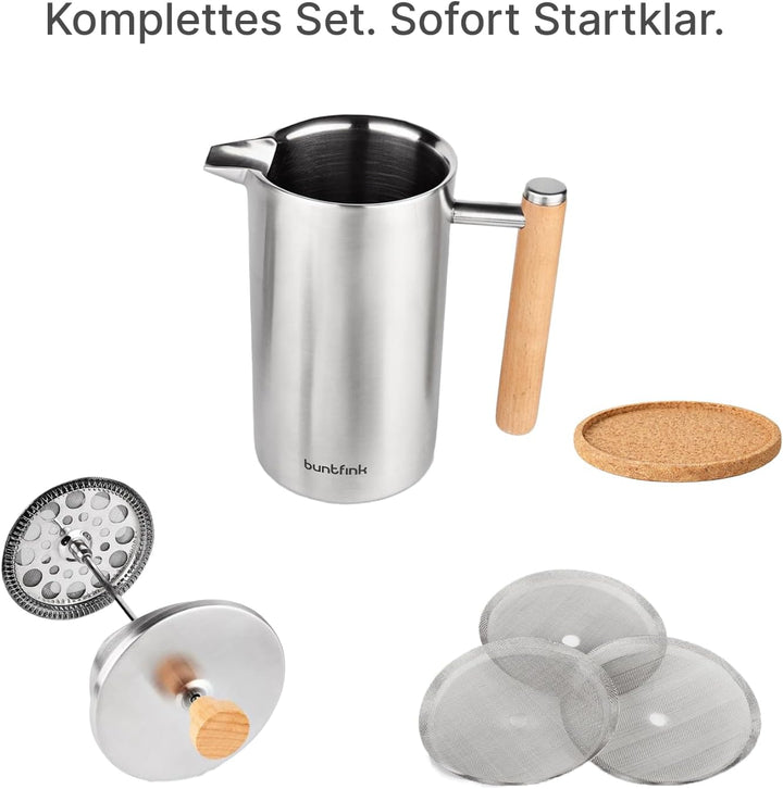 Buntfink French Press Thermo 1 Liter aus Edelstahl und Holz | Kaffeebereiter doppelwandig isoliert |