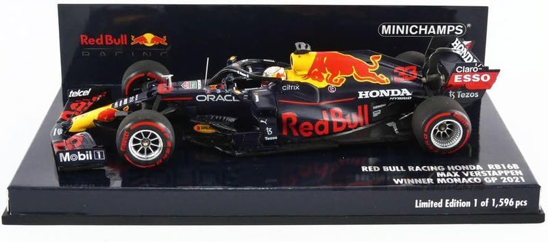 Minichamps 410210633 1:43 Red Bull Racing Honda RB16B-Max Verstappen-Winner Monaco GP 2021 Sammlerst