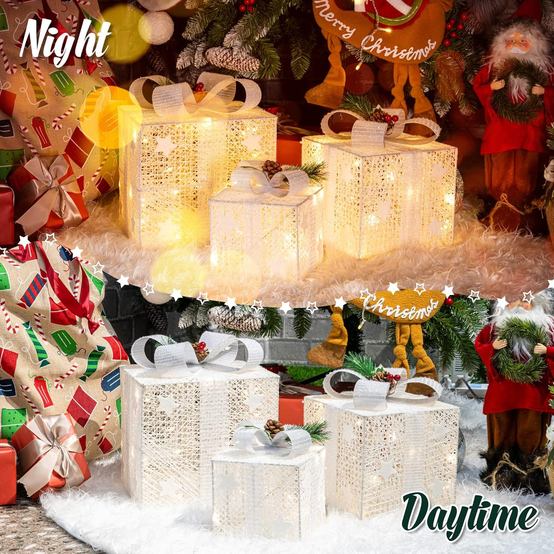 GIGALUMI 3er Set LED Geschenkbox mit Schleife Leuchtend Geschenkeboxen Lichtbox Weihnachts Dekoratio