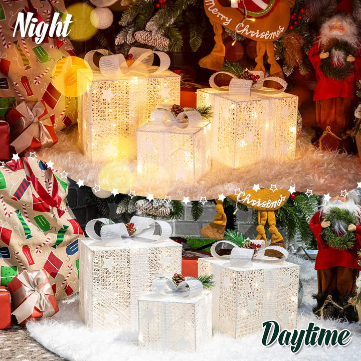 GIGALUMI 3er Set LED Geschenkbox mit Schleife Leuchtend Geschenkeboxen Lichtbox Weihnachts Dekoratio