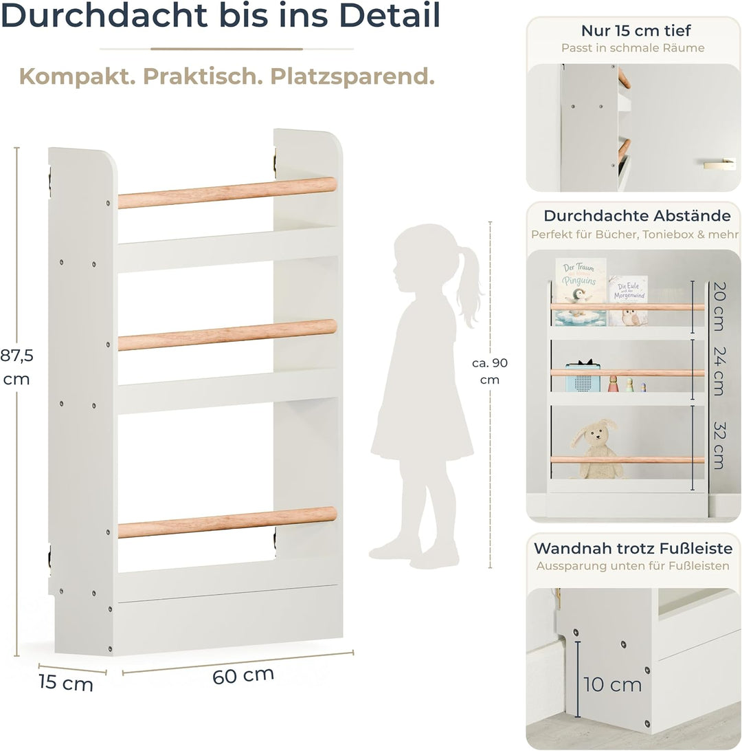 Bücherregal Kinder mit 3 Ablagen, Montessori Kinderbücherregal zur Wandmontage, Wandregal für Bücher