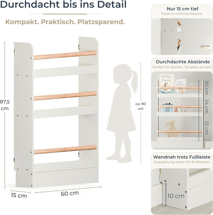 Bücherregal Kinder mit 3 Ablagen, Montessori Kinderbücherregal zur Wandmontage, Wandregal für Bücher