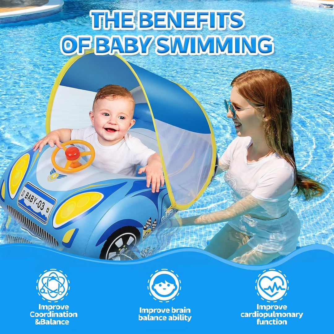 Schwimmring Baby mit Sonnendach und Dual Airbag Ninonly Aufblasbare Schwimmring Baby Auto mit UPF50+