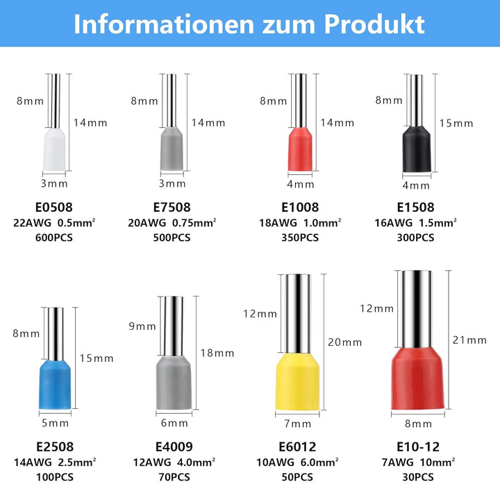 Aderendhülsen Set 2000 Stück, 0,5 mm² - 10 mm² Isolierte Aderendhülsen Sortiment für Drahtverbindung