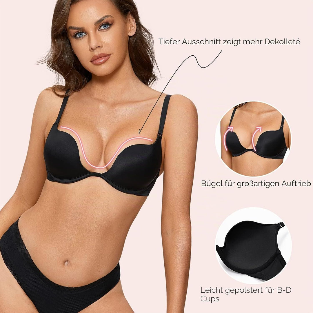 DOBREVA Damen mit Bügel Deep U Push Up Plunge BH Sexy Gepolstert Tshirt 70A Schwarz, 70A Schwarz