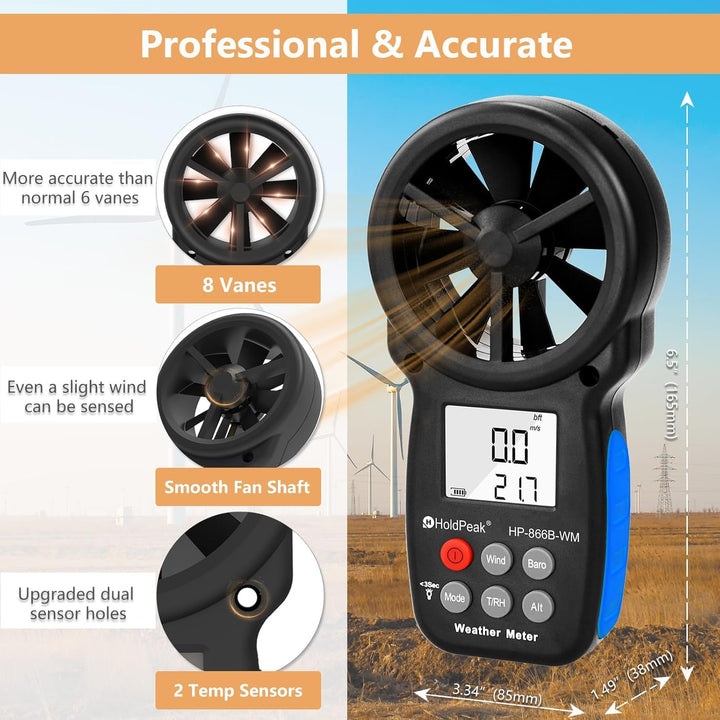 Windmesser Windmessgerät, Digitaler Windmesser für Windgeschwindigkeit Temperatur Wind Chill Tester