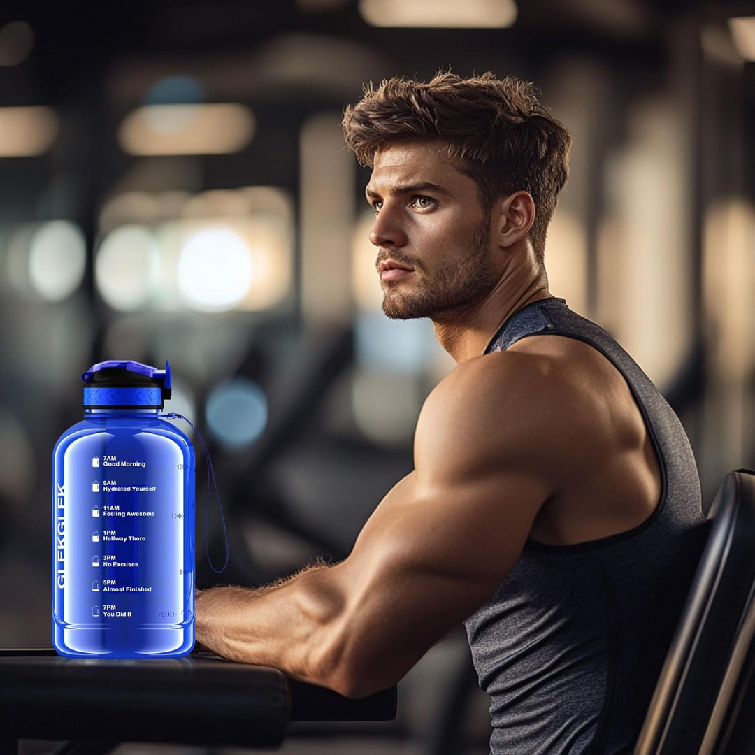 Wasserflasche 2 Liter mit Strohhalm, Motivierende Trinkflasche Sport für Fitnessstudio, Büro, Bau, W