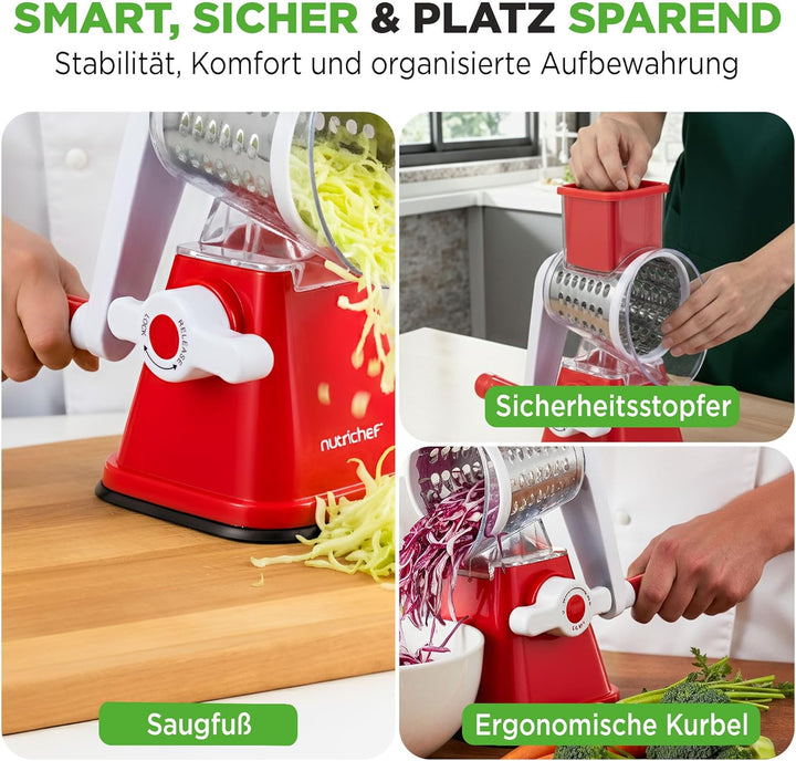 NutriChef 3-in-1 Käsereibe - mit Handkurbel – Kompakte Trommelreibe für Gemüse & Käse – 3 Schneidetr