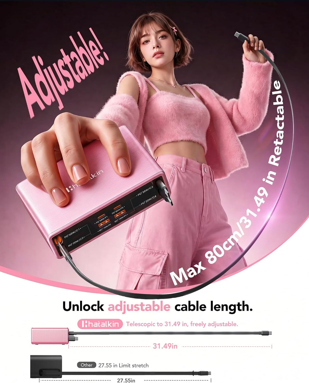 8 in 1 Retractable Charger USB C Ladegerät,105W Ladestation Mehrere Geräte Rosa 65W Kabel für 4 Typ