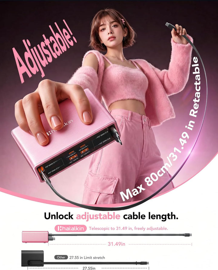 8 in 1 Retractable Charger USB C Ladegerät,105W Ladestation Mehrere Geräte Rosa 65W Kabel für 4 Typ