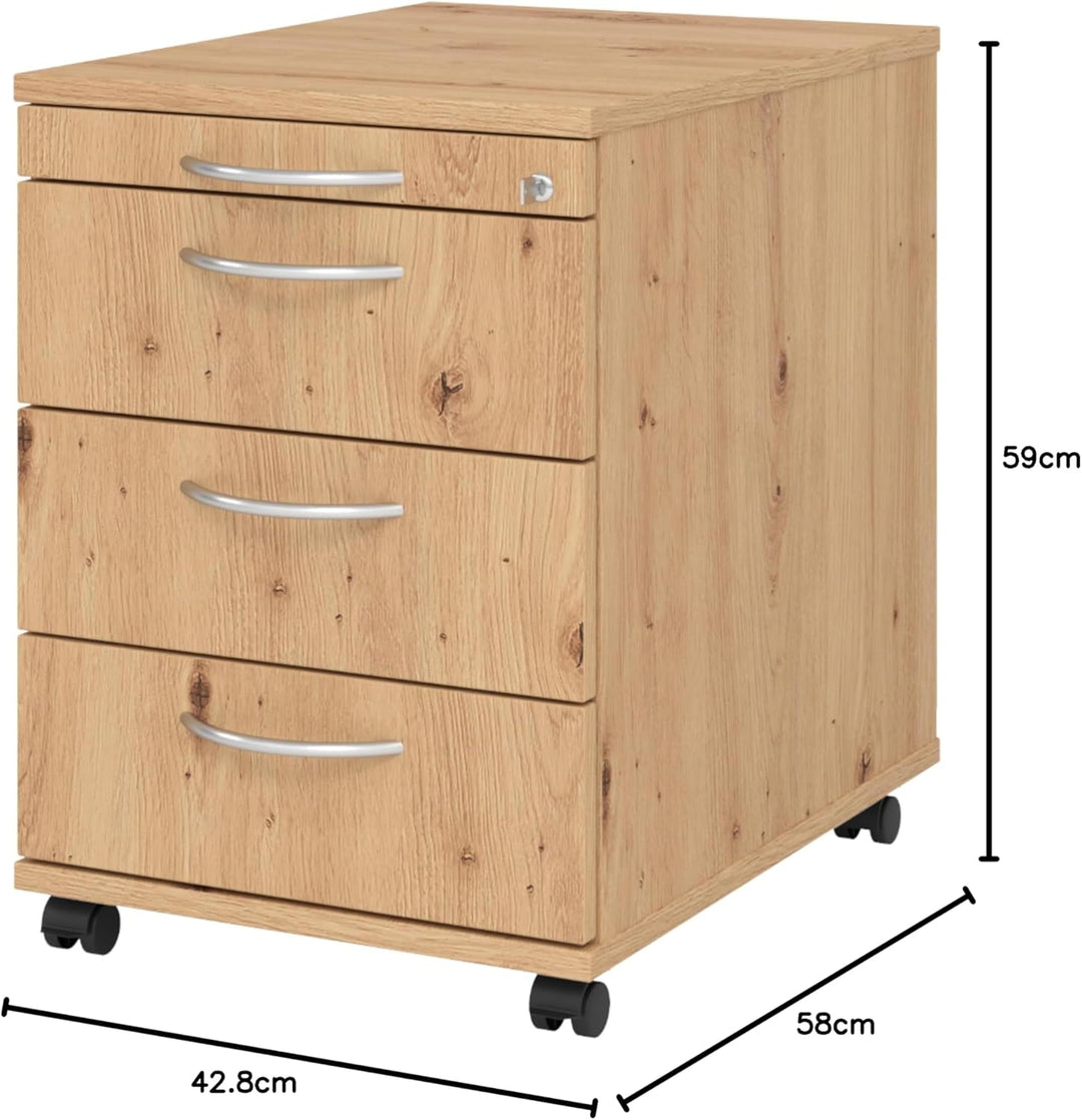 bümö Rollcontainer mit Schubladen, Container abschliessbar aus Holz in Asteiche - Rollwagen für's Bü