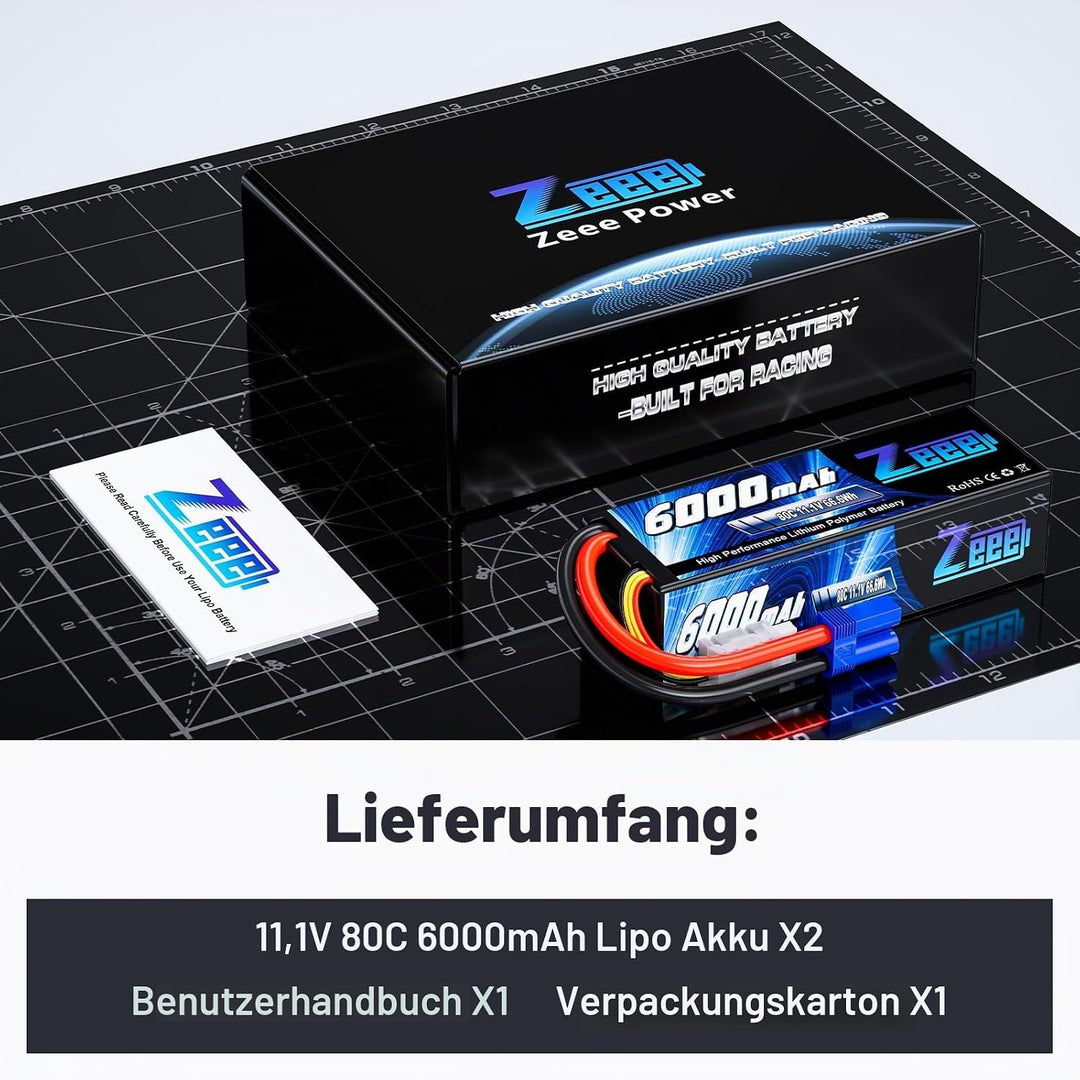 Zeee 3S Lipo Akku 11,1V 80C 6000mAh Hardcase Batterie mit EC5 Stecker für RC Car RC Truck RC Auto Bo