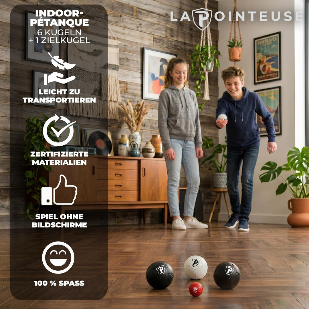 LA POINTEUSE – Indoor-Boule-Spiel – 6 Kugeln, 1 Zielkugel, 1 Tragetasche verstärkten Nähten – Für Ki