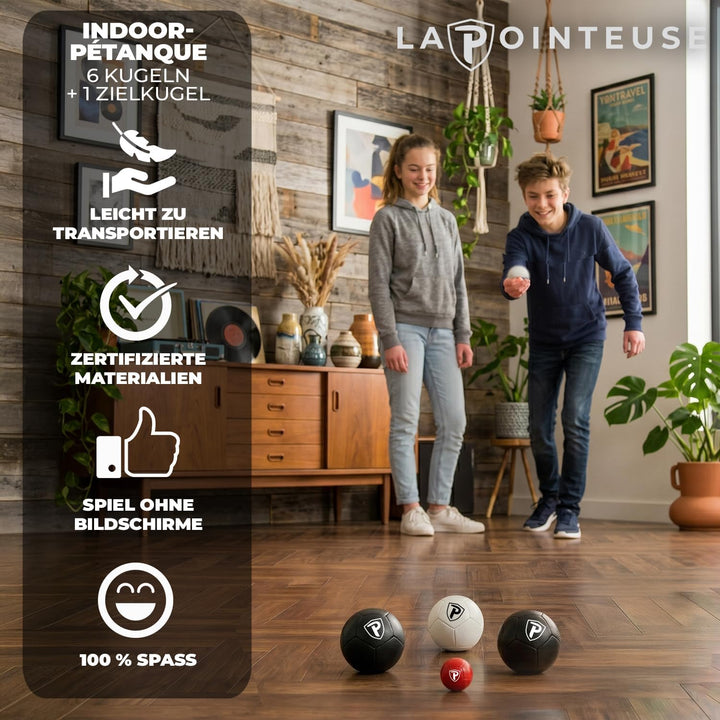 LA POINTEUSE – Indoor-Boule-Spiel – 6 Kugeln, 1 Zielkugel, 1 Tragetasche verstärkten Nähten – Für Ki