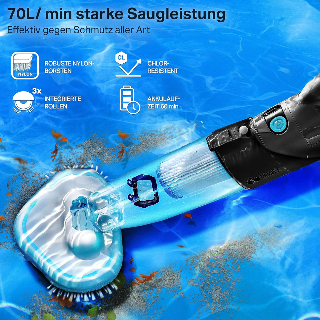 tillvex Poolsauger mit Akku | Pool Bodensauger Teleskopstange elektrisch | Poolreiniger mit Filter &