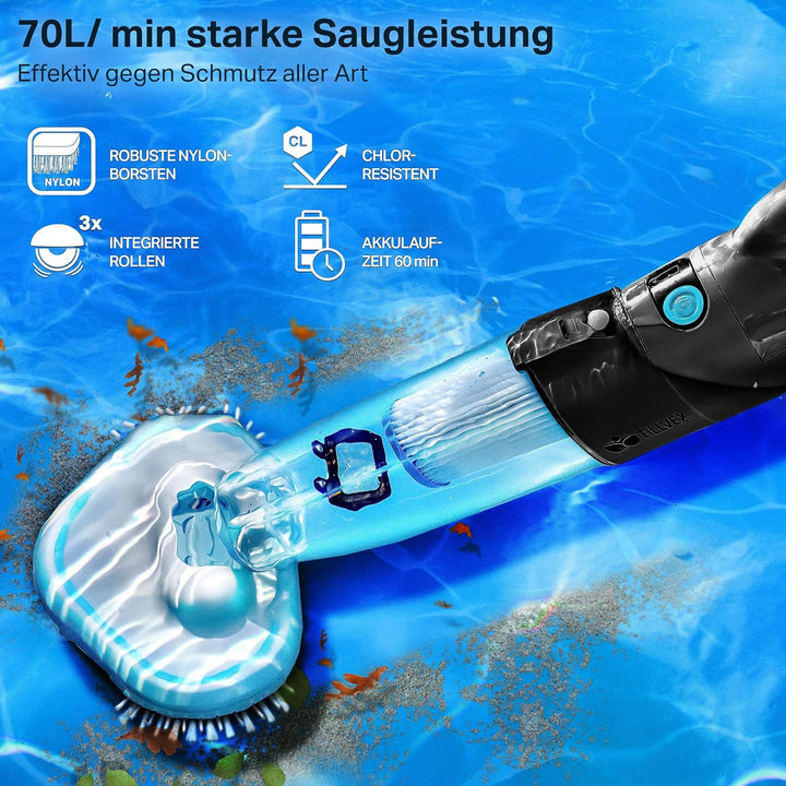 tillvex Poolsauger mit Akku | Pool Bodensauger Teleskopstange elektrisch | Poolreiniger mit Filter &